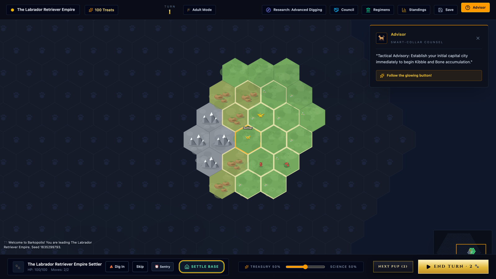 The hex map on turn one: a settler stands ready beside mountains and grasslands while the Smart-Collar Advisor suggests founding the capital.